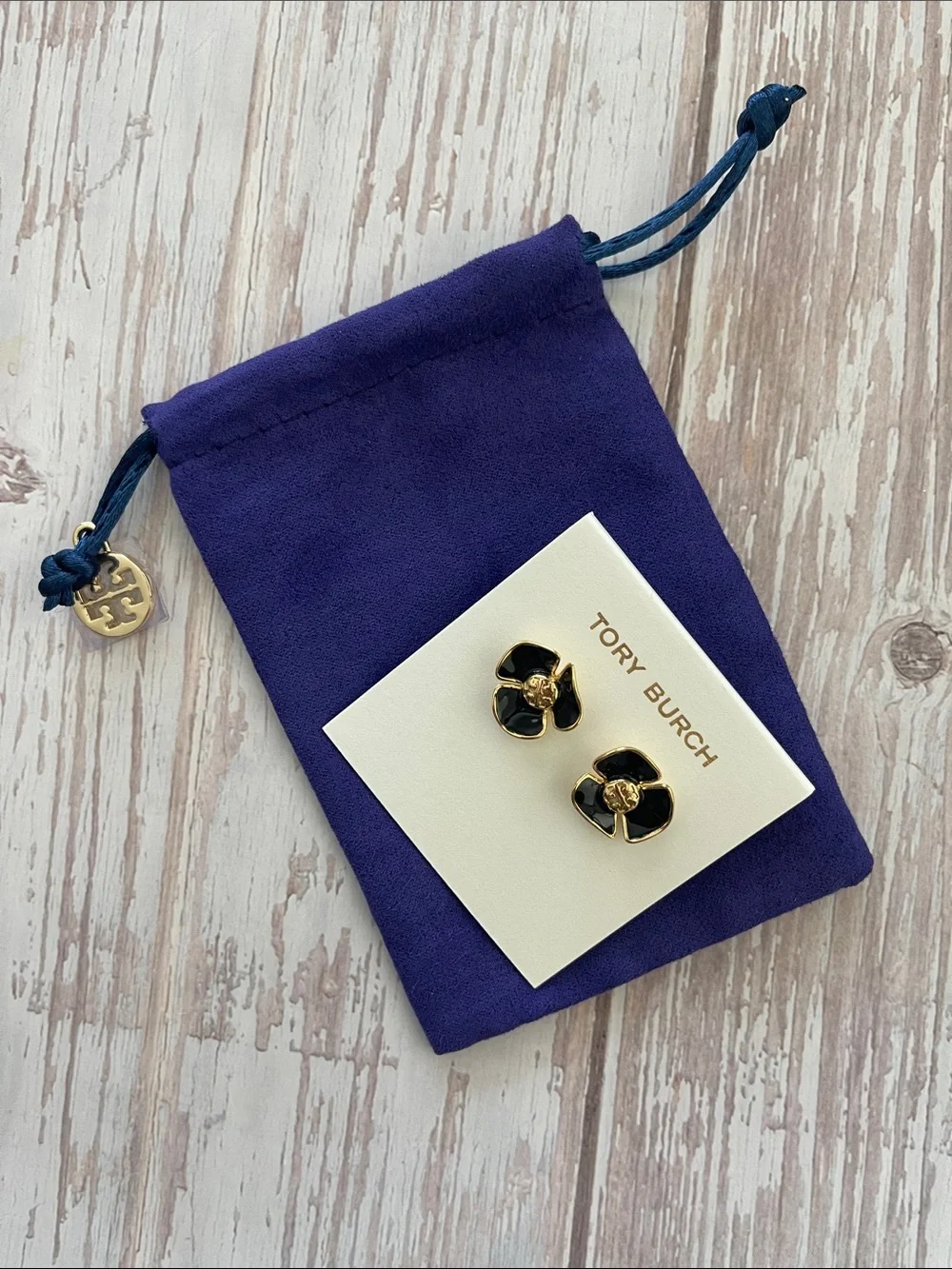 $235 New, Authentic Tory Burch Flower Black Enamel Gold TB Logo Stud Earrings